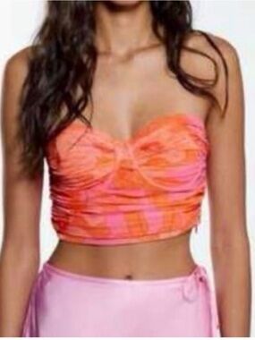 🌼 Zara 1  Pink & Orange Floral Strapless Crop Top (corset style)
